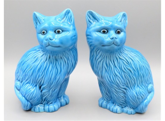 Unique Blue Ceramic Cat Figurines - Set Of 2