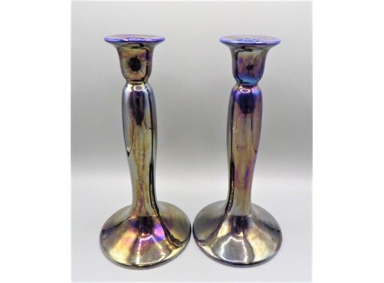 Empire Ware Stone On Trent Blue Iridescent Candlestick Holders - Set Of 2