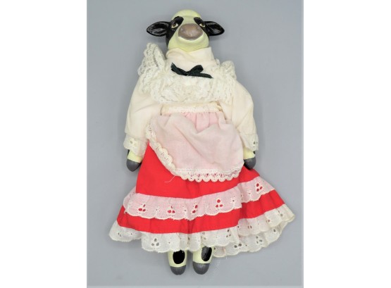 Wood Cow Doll Wearing Fabric Dress