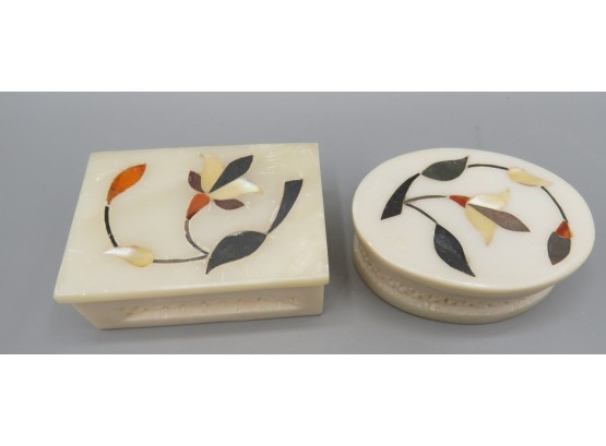 Ivory Stone Trinket  Boxes With Floral Leaf Designed Lids - Set Of 2 - Made In India