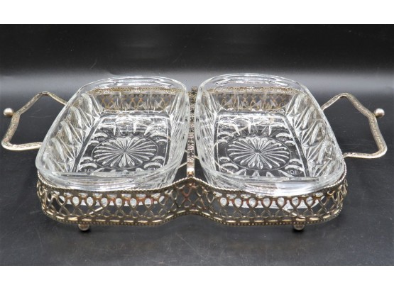 REIMS Cut Glass Dishes In Silver-tone Metal Holder
