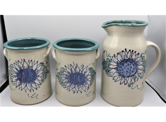 Great Bay Pottery Ceramic Sunflower Designed Containers And Pitcher - Set Of 3