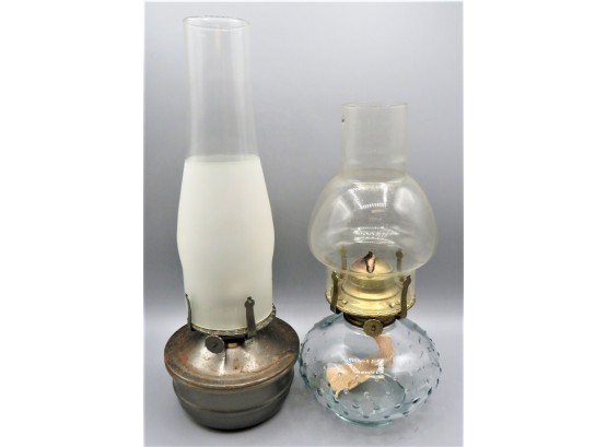 Metal & Glass Oil Lanterns With Glass Shades - Set Of 2