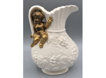 White Grape Design Ceramic Pitcher With Gold-tone Boy Accent