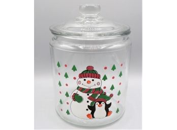 Glass Snowman With Penguin Jar With Lid