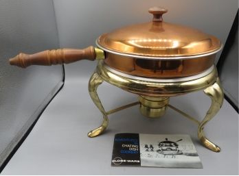 Vintage Globe-ware 1961 Copper And Brass Chafing Dish With Wood Handle, Sterno Holder & Instruction Booklet