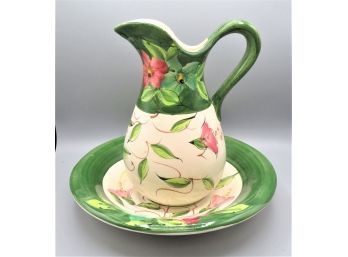 Green Floral Ceramic Pitcher With Matching Wash Bowl - Set Of 2