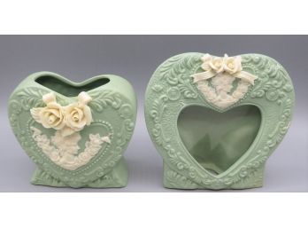 Shiah Yin Light Green Cameo Accent Heart-shaped Vase & Photo Frame - Set Of 2
