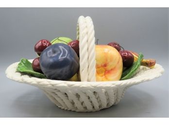Ceramic Wicker Handled Basket Full Of Fruit - Made In Italy