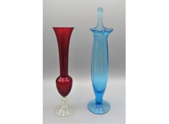 Blue & Red Colored Glass Bud Vases - Set Of 2