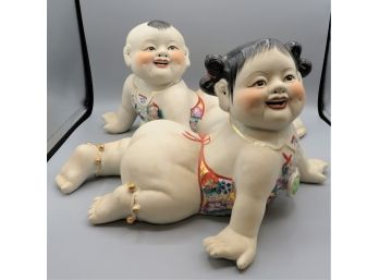 Vintage Chinese Baby Boy & Girl Figurines - Piano Babies Hand Painted Bisque Set Of 2
