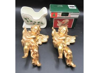 Assorted Christmas Decorations - (2) Angel Ornaments & Porcelain Sleigh