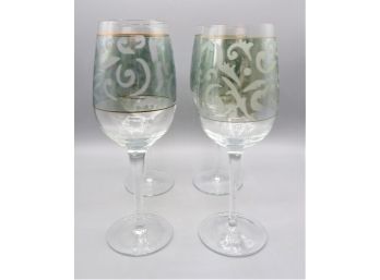 Stemmed Wine Glasses With Green & Gold Accents - Set Of 4