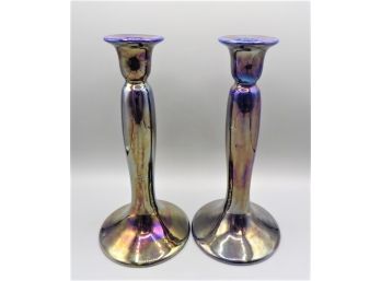 Empire Ware Stone On Trent Blue Iridescent Candlestick Holders - Set Of 2
