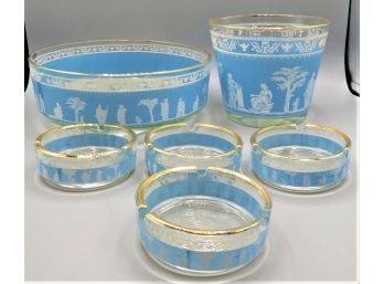 Frosted Blue Glass With Gold Rim Bowl, Ice Bucket & Ash Trays - Set Of 6