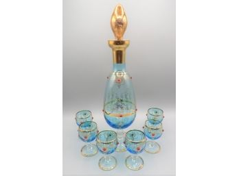 Lovely Blue Glass With Gold-tone Accents Decanter & 6 Cordial Glasses - Set Of 7