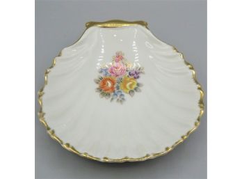 Hand Painted Floral Clamshell-shaped Dish With Gold Trim