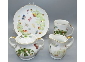 Fruit Print Plates, Tea Cups, Sugar Bowl And Creamer Set - Service For 4