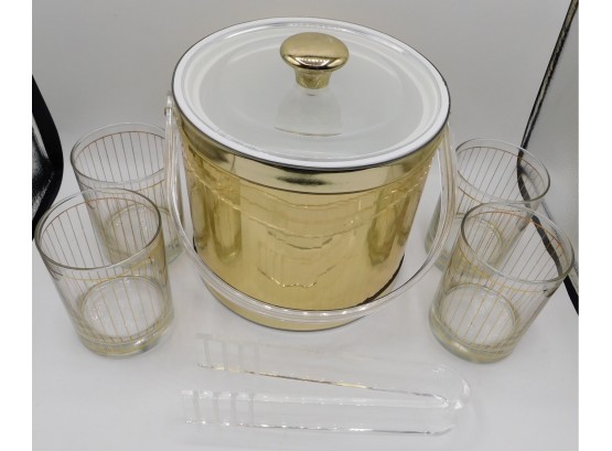 Culver Gold Tone Plastic Insulated Ice Bucket With Tongs & Matching Drinking Glasses