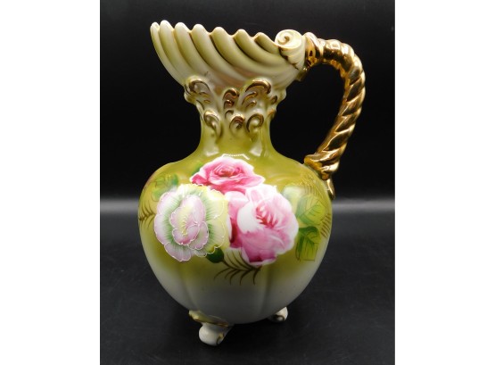 Vintage Gold Tone Handpainted Floral Porcelain Footed Pitcher