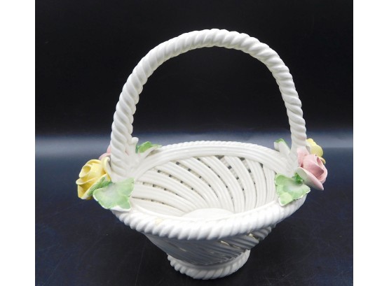 Vintage Capodimonte Style Handpainted Ceramic Basket With Flower