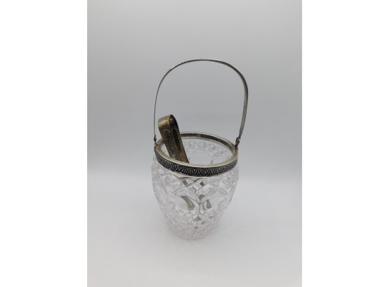 Cut Glass Ice Bucket With Silver Tone Tongs