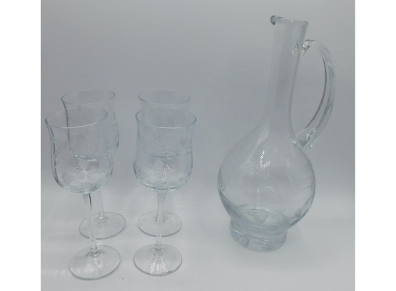 Floral Etched Drink Pitcher With Four Stemmed Drinking Glasses