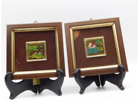 Serigraphia Handmade Italian Precious Metals Artwork In Natural Wood Frame - Set Of Two
