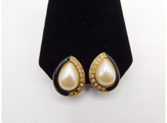 Monet Black, Gold Tone, Rhinestone & Faux Pearl Clip On Earrings With Matching Bracelet