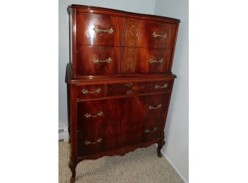 Stunning Vintage Flame Mahogany Tall Dresser Serpentine Carved French Style