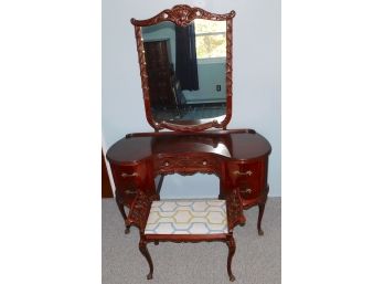Stunning Vintage Flame Mahogany Vanity Carved French Style With Bench & Mirror