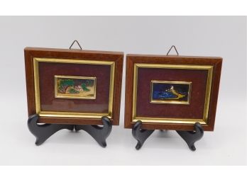 Serigraphia Handmade Italian Precious Metals 22K Gold Artwork In Natural Wood Frame - Set Of Two