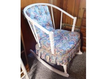 Vintage White Wooden Rocking Chair With Colorful Paisley Cushions