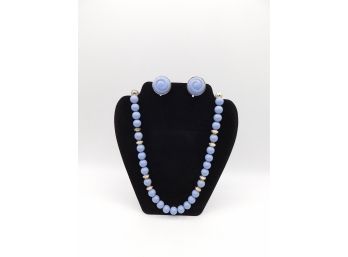 Blue & Silver Tone Beaded Necklace With Clip On Earrings
