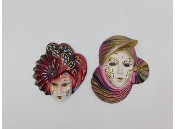 Handmade Ceramic Venetian Masquerade Mask Decor - Set Of Two