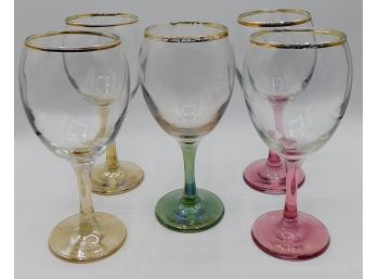 Stylish Vintage Colored Stem Wine Glasses With Gold Tone Trim - Set Of Five