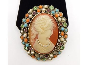 Lovely Cameo Multicolored Faux Stone Shell Portrait Brooch Pin