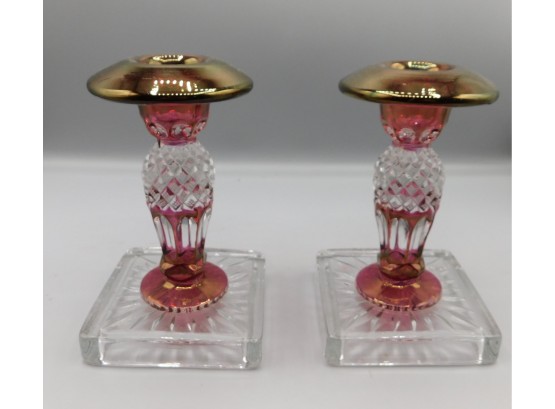 Lovely Vintage Pair Of Ruby Red Glass Candle Holders Candlesticks