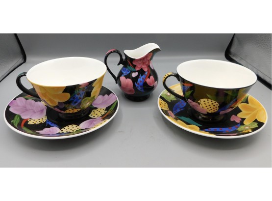 Set Of Margaret Forde Hand Painted Bone China Tea Cups And Saucers And Creamer
