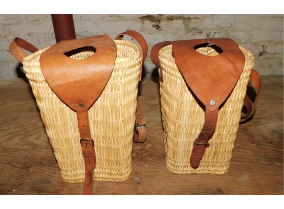 Pair Of Wicker Leather Strap Wine Holders