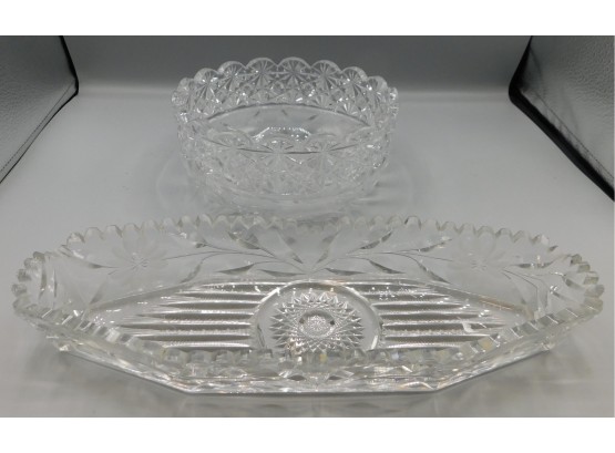 Cut Glass Floral Pattern Bowl With Oval Cut Glass Dish
