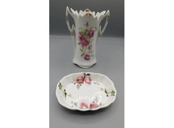 Vintage Crownford Fine Bone China Floral Pattern Dish With Ceramic Floral Pattern Bud Vase