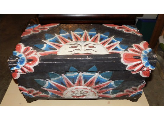 Vintage Hand Painted Sun Pattern Wood Carved Storage Trunk