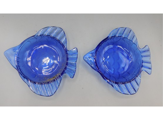 Nautical Cobalt Blue Pair Of Glass Fish Style Ashtrays/ Trinket Dishes