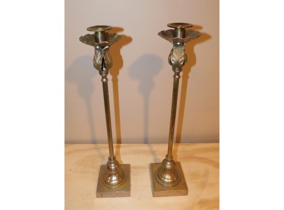 Pair Of Metal Floral Style Candlestick Holders