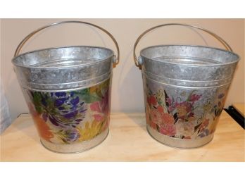 Pair Of Floral Pattern Galvanized Steel Buckets With Handles