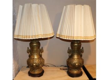 Vintage Pair Of Brass Amphora Style Table Lamps With Handles On Wood Base