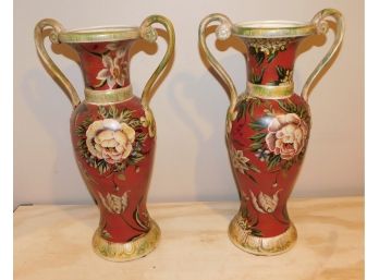 Lovely Pair Of Ceramic Hand Painted Amphora Style Vases With Handles