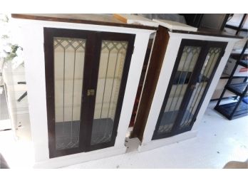Pair Of Antique Solid Wood Cabinets/Bookcases With Lead Glass Detailed Panel Doors