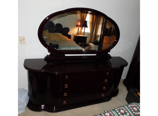 Large Dark High Gloss Finish Bedroom Dresser With Mounted Mirror